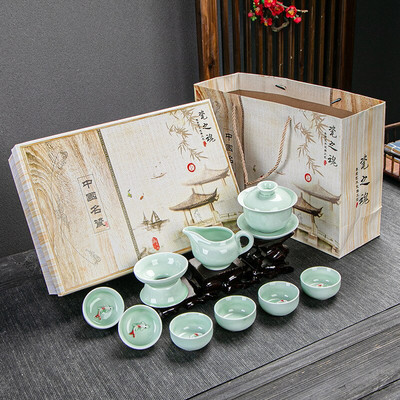 Set de ceai din porțelan din ceramică, ceainic, ceainic, ceainic, ceainic, pește, celadon, set de ceai, ceainic, creativ, kung fu, ceai, ceainic, set de 6 cani de ceai