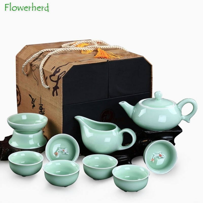 Set de ceai din porțelan din ceramică, ceainic, ceainic, ceainic, ceainic, pește, celadon, set de ceai, ceainic, creativ, kung fu, ceai, ceainic, set de 6 cani de ceai