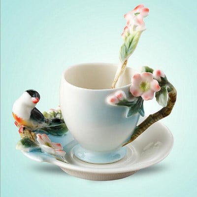 Magpies Plum Blossom Smalt Color ceașcă de cafea cu farfurie și lingură Cești de ceai creative europene Set de căni de ceai