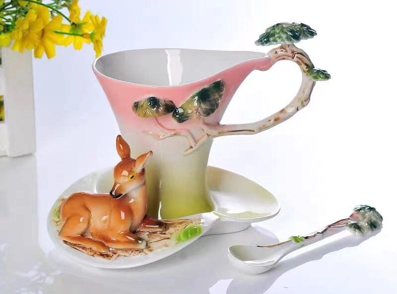 Magpies Plum Blossom Smalt Color ceașcă de cafea cu farfurie și lingură Cești de ceai creative europene Set de căni de ceai