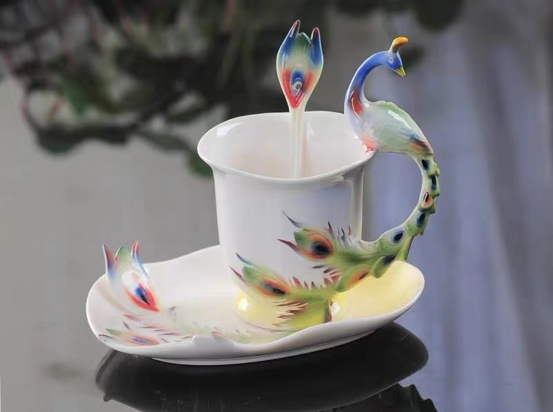 Magpies Plum Blossom Smalt Color ceașcă de cafea cu farfurie și lingură Cești de ceai creative europene Set de căni de ceai