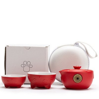 Set de ceai portabil din ceramică Set de ceai de călătorie cu pisică drăguță cu ceainic, cești de ceai, pungă de călătorie, design anti-opărire, set de ceai Kungfu vintage