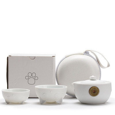 Set de ceai portabil din ceramică Set de ceai de călătorie cu pisică drăguță cu ceainic, cești de ceai, pungă de călătorie, design anti-opărire, set de ceai Kungfu vintage