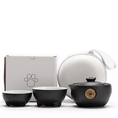 Set de ceai portabil din ceramică Set de ceai de călătorie cu pisică drăguță cu ceainic, cești de ceai, pungă de călătorie, design anti-opărire, set de ceai Kungfu vintage