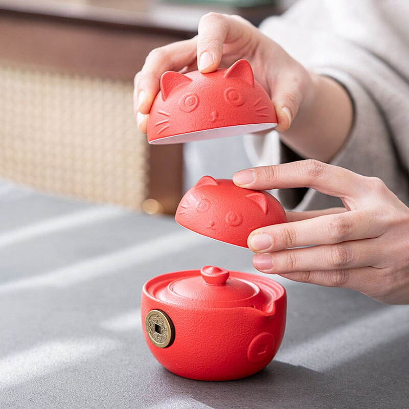 Set de ceai portabil din ceramică Set de ceai de călătorie cu pisică drăguță cu ceainic, cești de ceai, pungă de călătorie, design anti-opărire, set de ceai Kungfu vintage