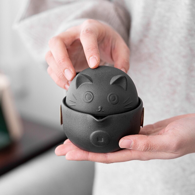 Set de ceai portabil din ceramică Set de ceai de călătorie cu pisică drăguță cu ceainic, cești de ceai, pungă de călătorie, design anti-opărire, set de ceai Kungfu vintage