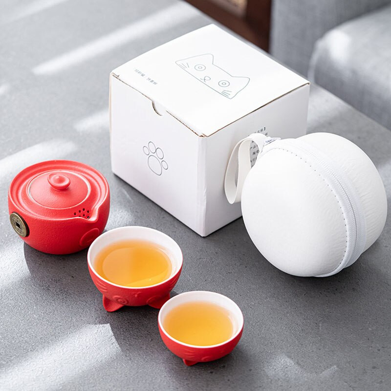 Set de ceai portabil din ceramică Set de ceai de călătorie cu pisică drăguță cu ceainic, cești de ceai, pungă de călătorie, design anti-opărire, set de ceai Kungfu vintage