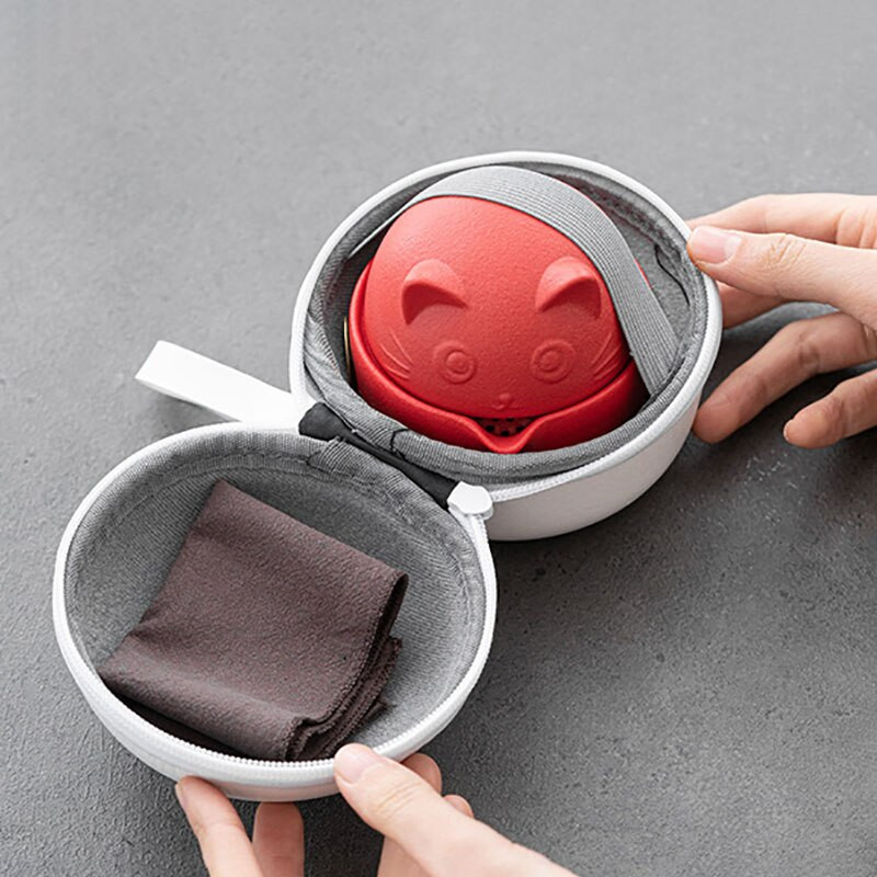 Set de ceai portabil din ceramică Set de ceai de călătorie cu pisică drăguță cu ceainic, cești de ceai, pungă de călătorie, design anti-opărire, set de ceai Kungfu vintage