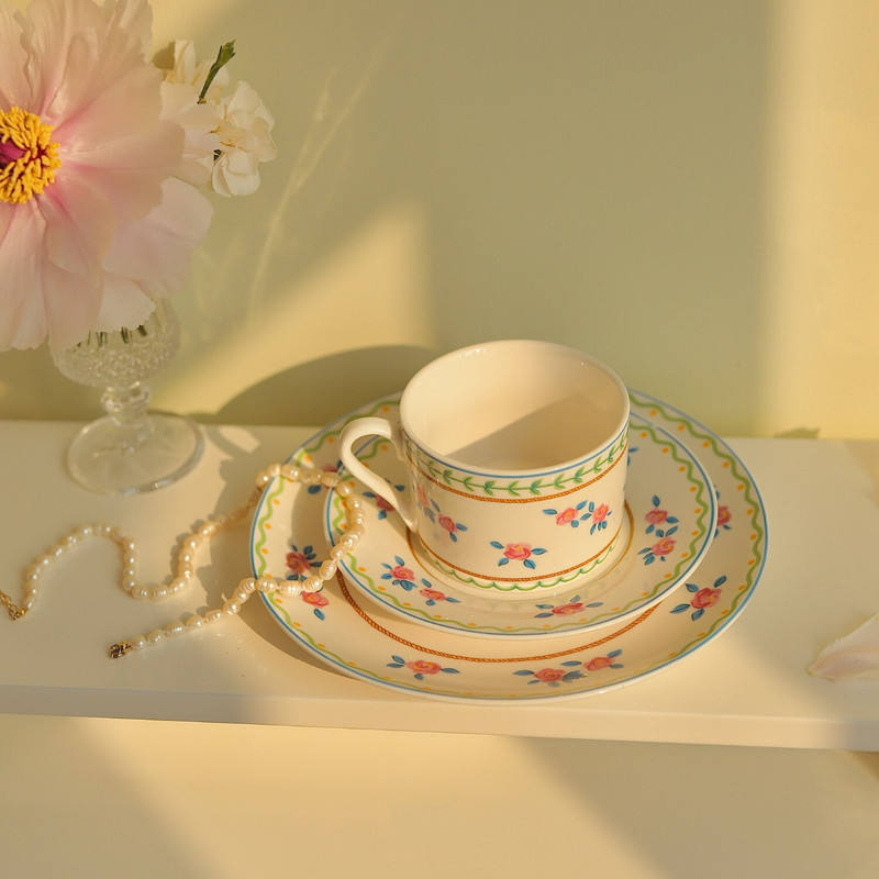 Set de căni și farfurii în stil pastoral francez Ins, ceașcă de cafea cu latte, cești de ceai parfumate, set de căni de cafea florale pentru fete și femei