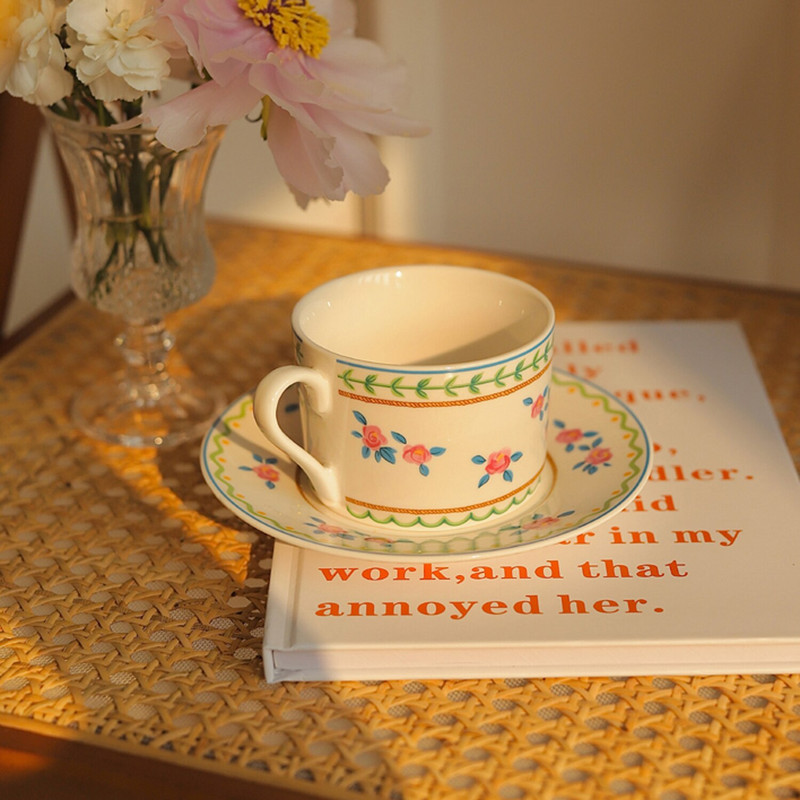 Set de căni și farfurii în stil pastoral francez Ins, ceașcă de cafea cu latte, cești de ceai parfumate, set de căni de cafea florale pentru fete și femei