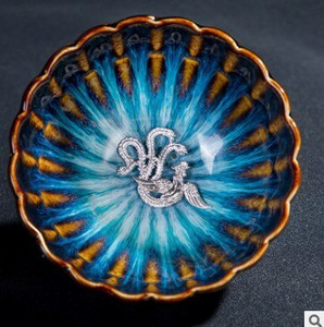 Kézzel készített kemence autentikus Yohen Tenmoku máz ezüst halvirággal Kung Fu tea csésze tál porcelán ivóedény étkészlet Ajándék