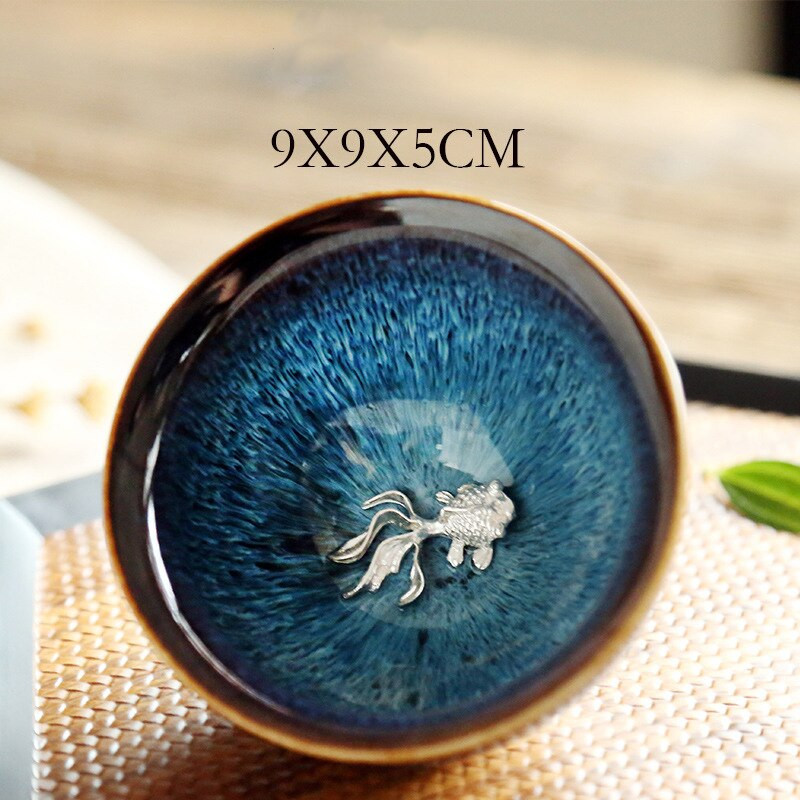 Kézzel készített kemence autentikus Yohen Tenmoku máz ezüst halvirággal Kung Fu tea csésze tál porcelán ivóedény étkészlet Ajándék