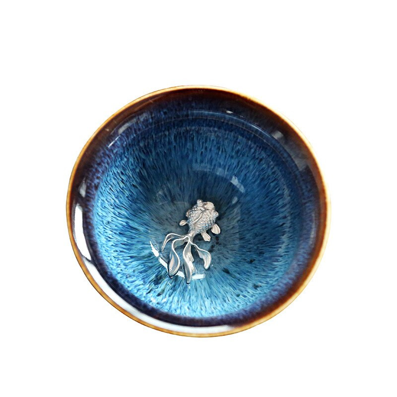 Kézzel készített kemence autentikus Yohen Tenmoku máz ezüst halvirággal Kung Fu tea csésze tál porcelán ivóedény étkészlet Ajándék