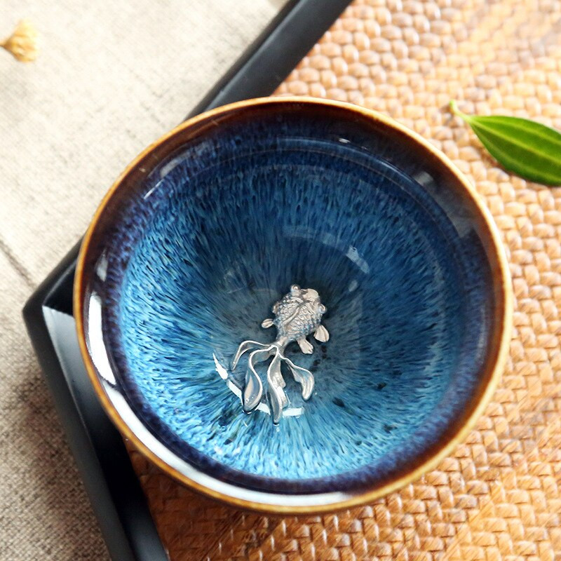 Kézzel készített kemence autentikus Yohen Tenmoku máz ezüst halvirággal Kung Fu tea csésze tál porcelán ivóedény étkészlet Ajándék