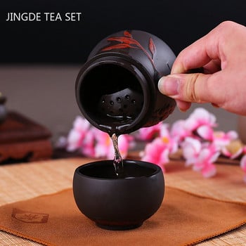 Ретро лилав глинен комплект за чай Изискан ръчно изработен чайник и комплект чаши Персонализирани подаръци за чай Подаръци Външен преносим чайник Съдове за напитки