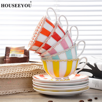 HOUSEEYOU Eiropas Rainbow Bone China kafijas tases tējas krūzes apakštasīšu komplekts Creative Ceramic Cup Advanced Porcelāna Valentīna tējas tase