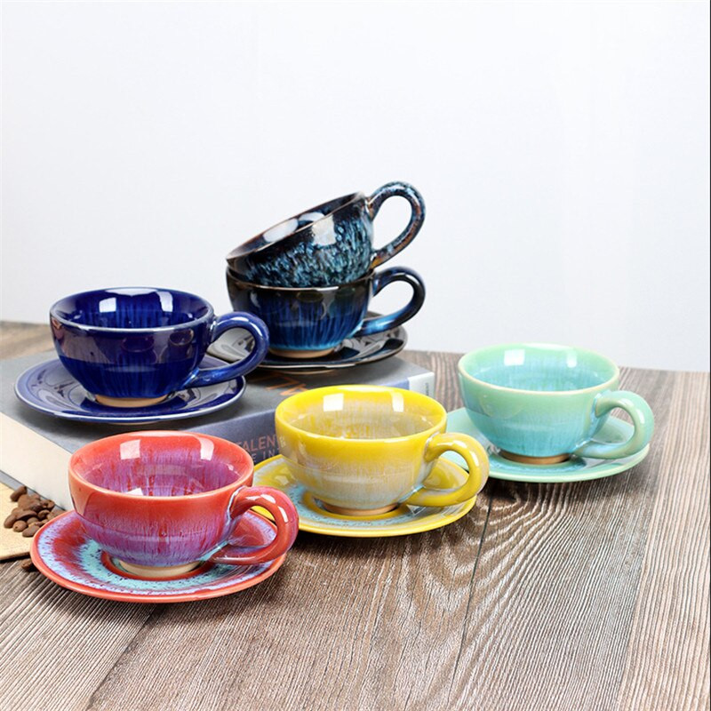 Japoniškas keramikinis kavos puodelis su lėkštėmis Paprastas rankų darbo krosnies keitimas Popietės arbatos puodelis Biuro pieno puodeliai Gėrimų indai 150 ml