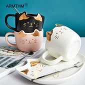 200 мл керамична чаша за пиене на сладки котки, чаша за кафе с поднос и капак, лъжица, сервиз за закуска, дръжка, чаши с животни, подарък за рожден ден