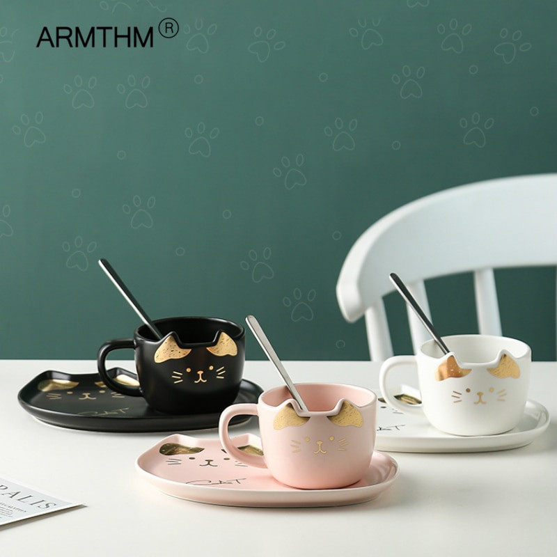200 мл керамична чаша за пиене на сладки котки, чаша за кафе с поднос и капак, лъжица, сервиз за закуска, дръжка, чаши с животни, подарък за рожден ден