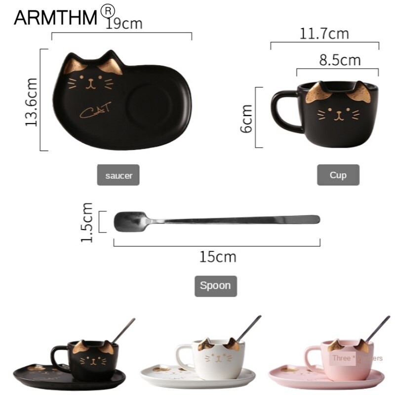 200 мл керамична чаша за пиене на сладки котки, чаша за кафе с поднос и капак, лъжица, сервиз за закуска, дръжка, чаши с животни, подарък за рожден ден