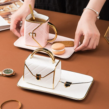Δημιουργική κεραμική τσάντα σε σχήμα φλιτζάνι καφέ και πιατάκι με κουτάλι Χρυσή λαβή Κούπα Γάλα Τσάι Χυμός Νερό Ποτά Φλιτζάνι Δώρο Ζευγάρι