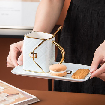 Δημιουργική κεραμική τσάντα σε σχήμα φλιτζάνι καφέ και πιατάκι με κουτάλι Χρυσή λαβή Κούπα Γάλα Τσάι Χυμός Νερό Ποτά Φλιτζάνι Δώρο Ζευγάρι