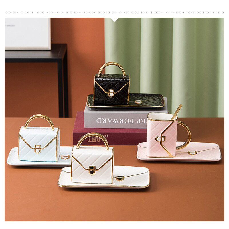 Ceașă de cafea și farfurie în formă de pungă creativă din ceramică cu lingură cană cu mâner auriu, ceai cu lapte, suc, apă, ceașcă pentru băuturi, cadou pentru cupluri