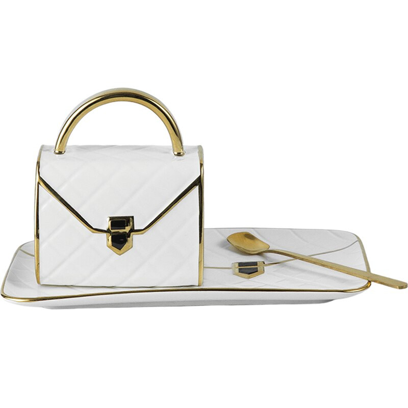 Ceașă de cafea și farfurie în formă de pungă creativă din ceramică cu lingură cană cu mâner auriu, ceai cu lapte, suc, apă, ceașcă pentru băuturi, cadou pentru cupluri