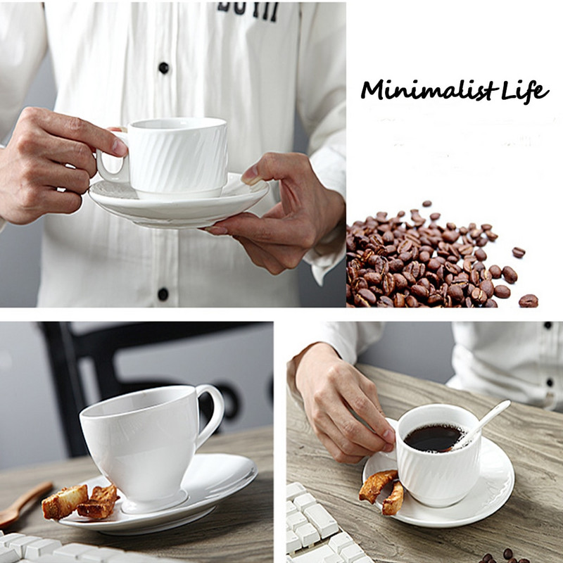 Baltos porcelianinės kavos puodelių rinkinys su lėkšte Kavos arbatos puodelis Keramika Kavos puodelis ir lėkštė