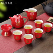 NLSLASI Keramická červená svadobná čajová súprava Darčeková porcelánová čínska čajová súprava Domáca porcelánová kanvica na čaj Luxusný darček pre najlepšieho priateľa 10 ks/súprava