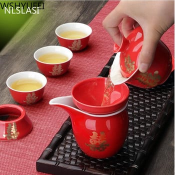 NLSLASI Керамичен червен сватбен сервиз за чай Подарък Порцеланов китайски сервиз за чай Домашен порцеланов чайник Луксозен подарък за най-добър приятел 10 бр./компл.
