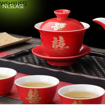 NLSLASI Керамичен червен сватбен сервиз за чай Подарък Порцеланов китайски сервиз за чай Домашен порцеланов чайник Луксозен подарък за най-добър приятел 10 бр./компл.