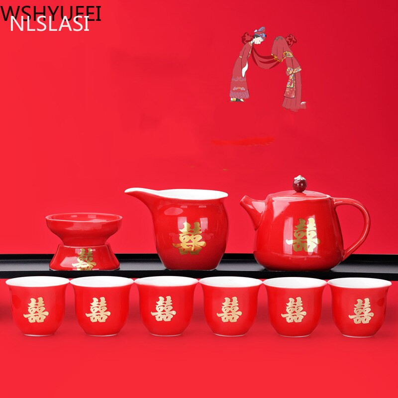NLSLASI Keramická červená svadobná čajová súprava Darčeková porcelánová čínska čajová súprava Domáca porcelánová kanvica na čaj Luxusný darček pre najlepšieho priateľa 10 ks/súprava
