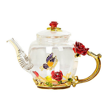 Червена роза Емайлиран кристален стъклен комплект за чай Комплект чаши за чай Чай с цветя Стъклени чаши за топли и студени напитки Домашен офис Комплекти за чай Подарък