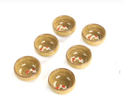 6vnt Keramikos 3D Golden Fish China arbatos puodelių rinkinys,Kung Fu arbatos rinkinys Crackle Glaze Travel Tea Bowl Kinijos porcelianinių arbatos puodelių rinkiniai