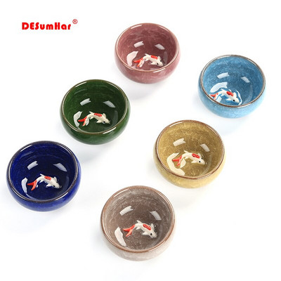 6tk keraamiline 3D Golden Fish Hiina teetassi komplekt, Kung Fu teekomplekt Crackle Glaze Travel Teekaussi Hiina portselanist teetassi komplektid