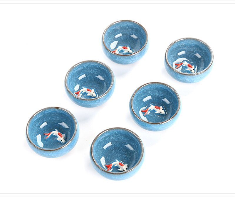 6vnt Keramikos 3D Golden Fish China arbatos puodelių rinkinys,Kung Fu arbatos rinkinys Crackle Glaze Travel Tea Bowl Kinijos porcelianinių arbatos puodelių rinkiniai