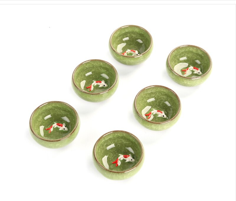 6vnt Keramikos 3D Golden Fish China arbatos puodelių rinkinys,Kung Fu arbatos rinkinys Crackle Glaze Travel Tea Bowl Kinijos porcelianinių arbatos puodelių rinkiniai