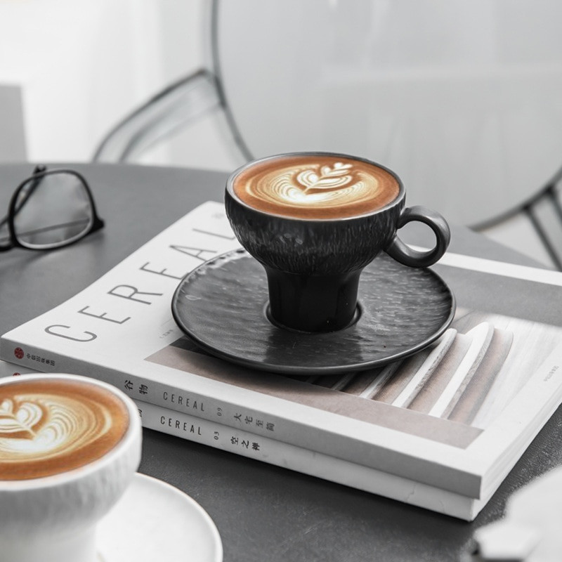 Set mat crnih šalica za kavu, porculanske šalice za čaj s tanjurićem, šalica od 200 ml