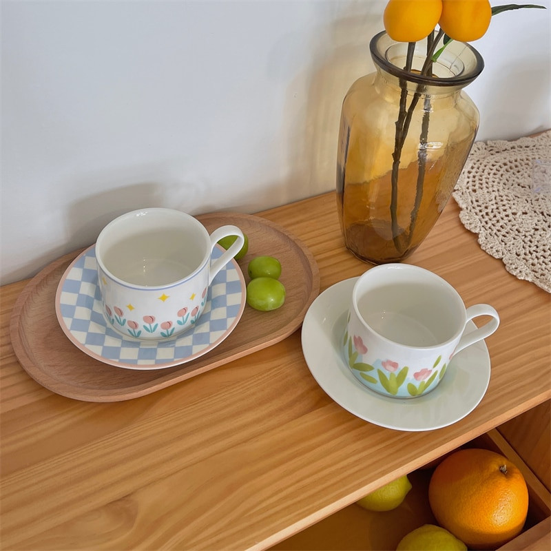 Cutelife Vintage kvetinový keramický kávový hrnček s podšálkou, kuchynský raňajkový riad, sada šálok na mlieko a čaj, opakovane použiteľný dekoratívny riad