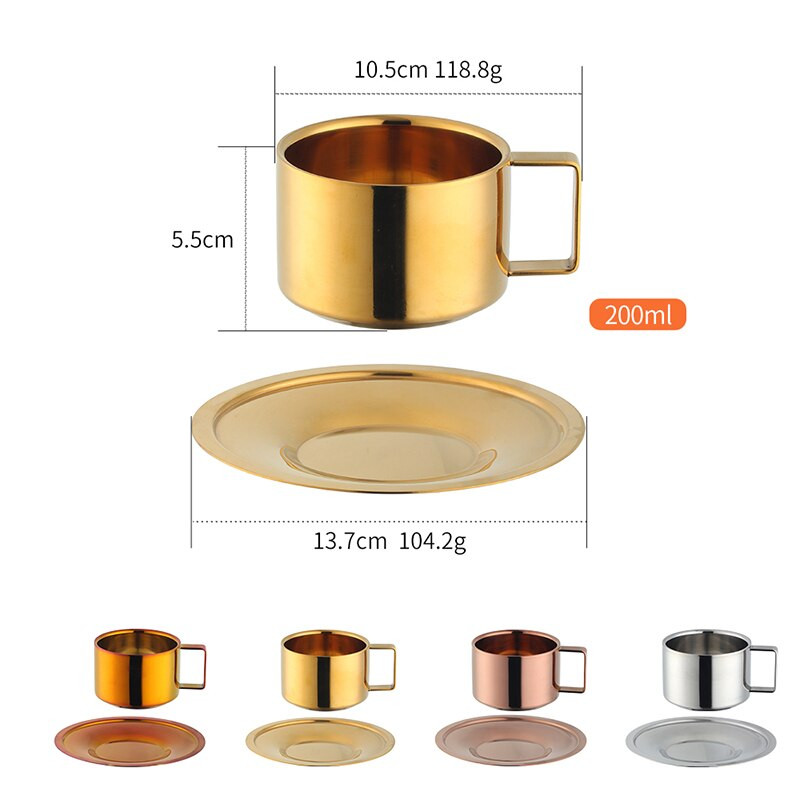 200ml zlatá sada kávových šálok, podšálok z nehrdzavejúcej ocele, hrnček na čaj s podnosom, kovové poháre na vodu a mlieko, kaviarne, párty, nápoje, kuchynské náradie.