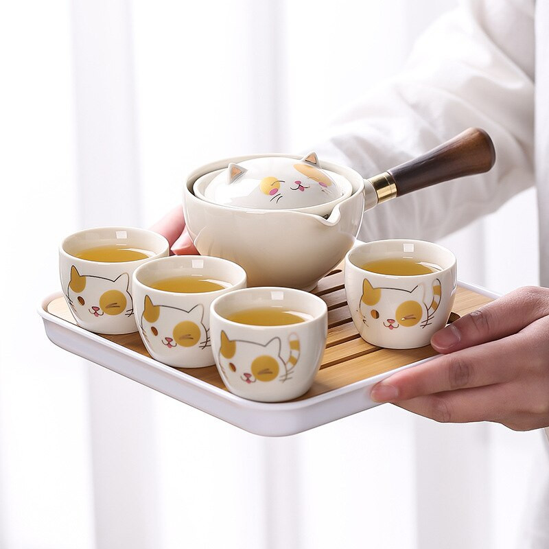 Kreatívna prenosná porcelánová čínska čajová súprava so vzorom šťastnej mačky, keramická kanvica a šálka, kanvica na čaj, kanvica na čaj pre domácnosť a cestovanie, kanceláriu