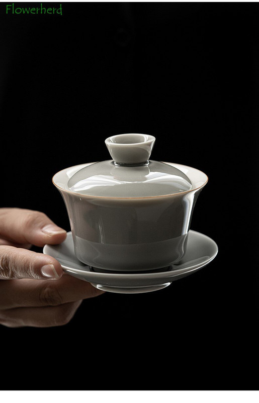 Glazură de culoare gri gheață Gaiwan Anvelopă subțire din ceramică japoneză Sancai Gaiwan ceașcă mare de ceai Tureen Kung Fu Set de ceai Aparat de ceai