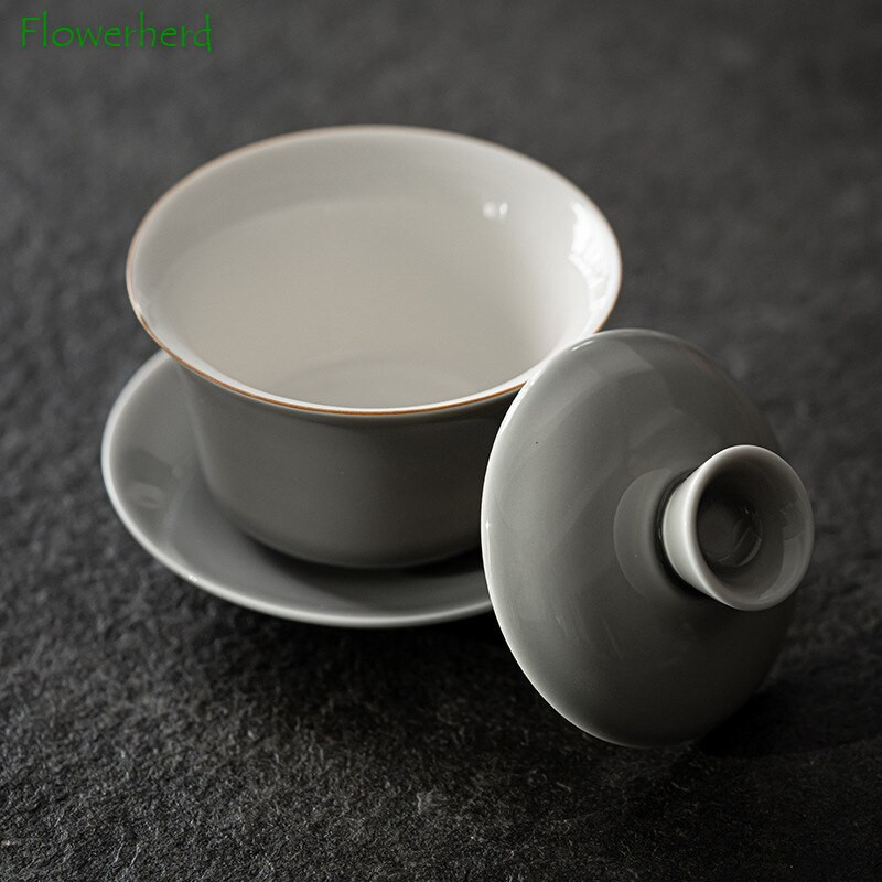 Glazură de culoare gri gheață Gaiwan Anvelopă subțire din ceramică japoneză Sancai Gaiwan ceașcă mare de ceai Tureen Kung Fu Set de ceai Aparat de ceai