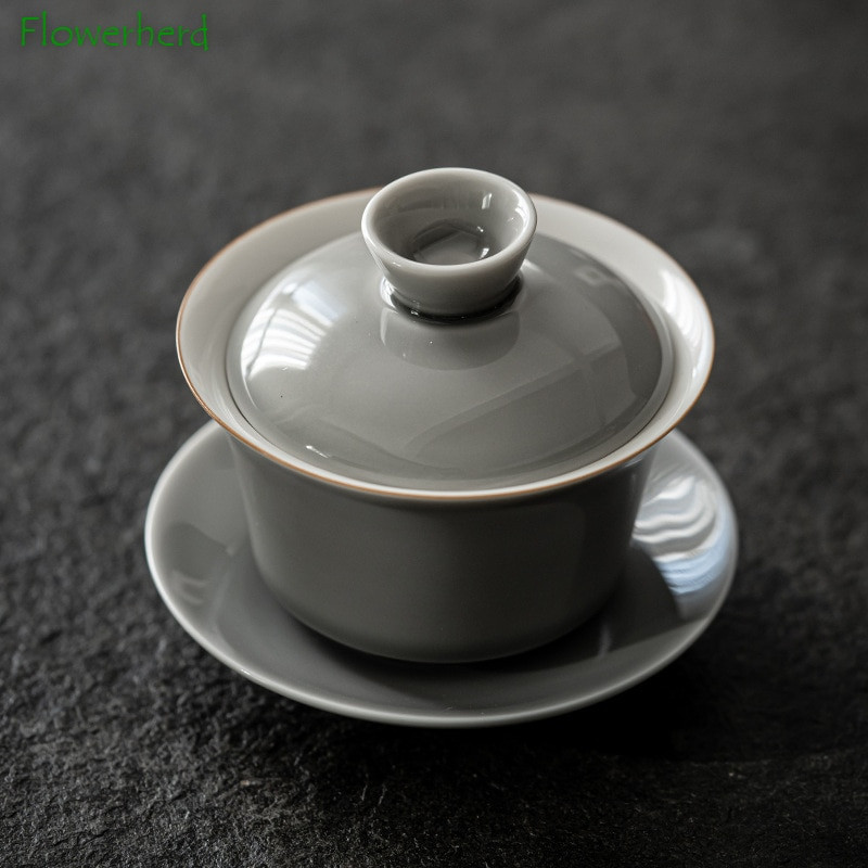 Glazură de culoare gri gheață Gaiwan Anvelopă subțire din ceramică japoneză Sancai Gaiwan ceașcă mare de ceai Tureen Kung Fu Set de ceai Aparat de ceai