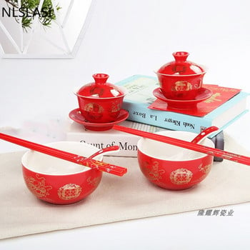 NLSLASI Китайски червен сватбен керамичен комплект за чай Сватбен подарък купа за чай Домакински висококачествен порцеланов чайник Подаръчен комплект
