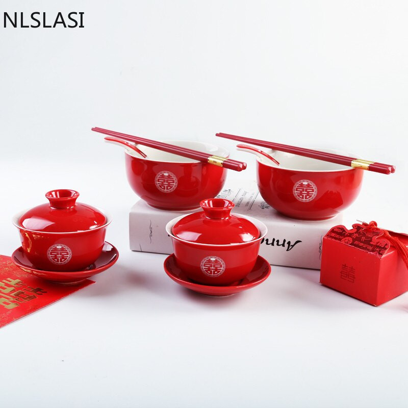 NLSLASI Čínska červená svadobná keramická čajová súprava Svadobný darčekový čajový set Miska do domácnosti z vysoko kvalitného porcelánu Darčeková súprava