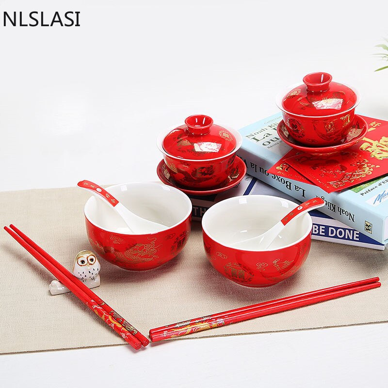 NLSLASI Čínska červená svadobná keramická čajová súprava Svadobný darčekový čajový set Miska do domácnosti z vysoko kvalitného porcelánu Darčeková súprava
