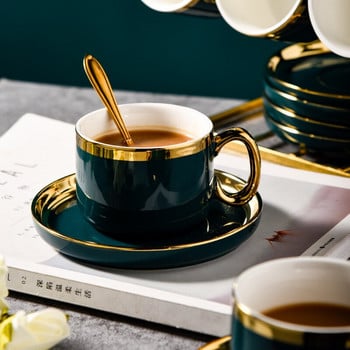 European Style Coffee Cup Σετ Πιατάκι τσαγιού Gold Trim Πράσινο Κεραμικό Φλιτζάνι Καφέ Γάλα 200ml