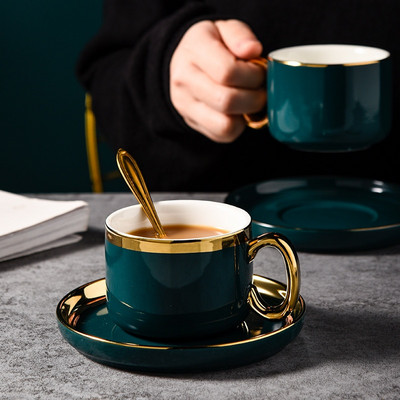 European Style Coffee Cup Σετ Πιατάκι τσαγιού Gold Trim Πράσινο Κεραμικό Φλιτζάνι Καφέ Γάλα 200ml